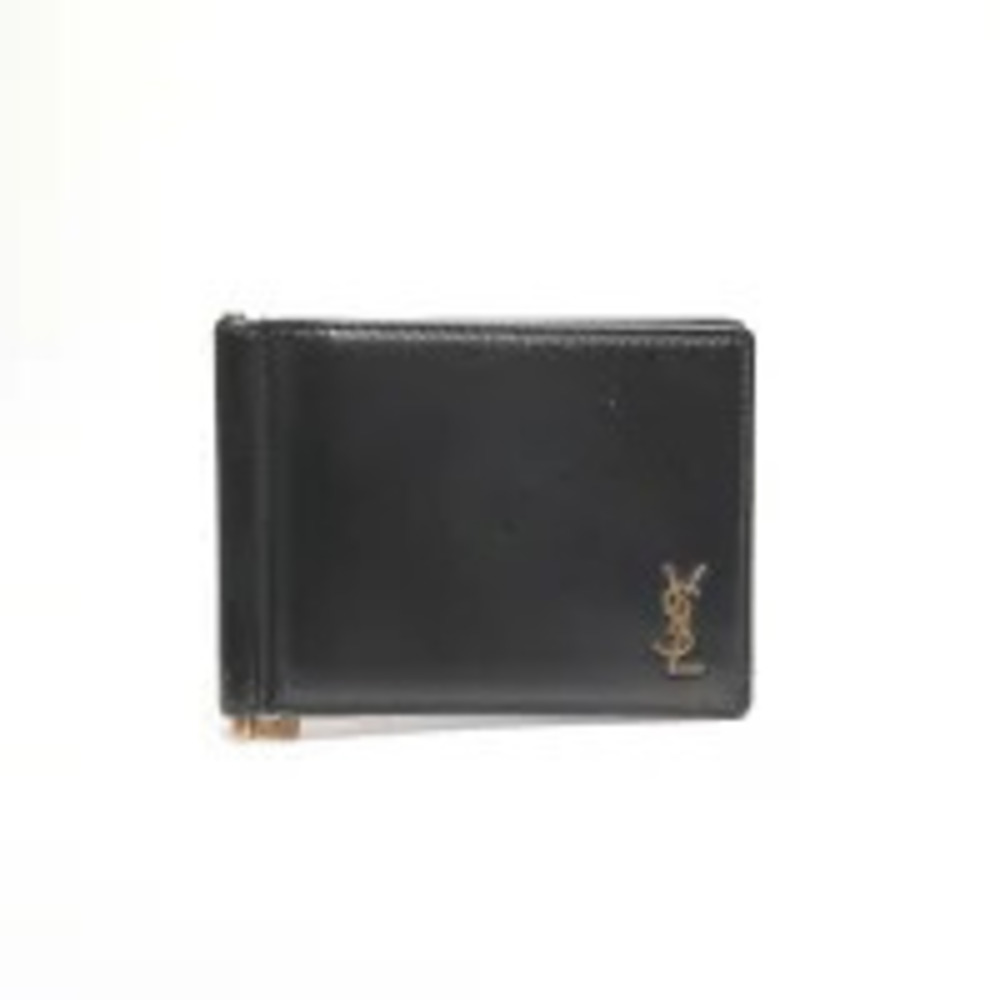 Saint Laurent Yves Money Clip Leather Bi fold Wallet Black